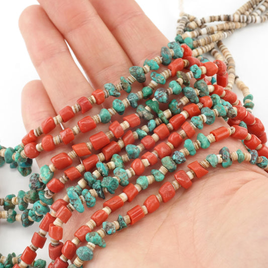 Vintage Native American Coral, Turquoise, Shell, Four Layer Heishi Necklace