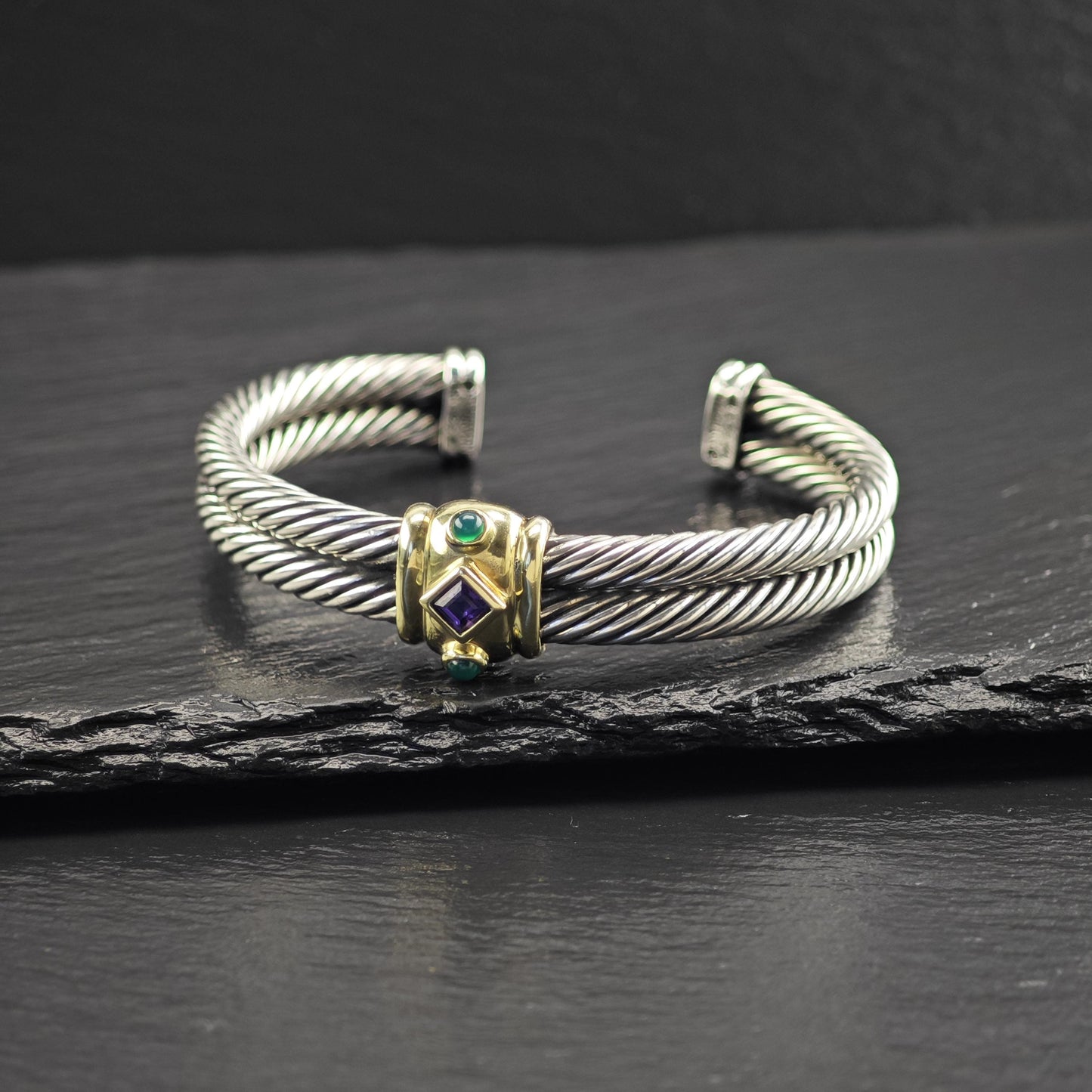 David Yurman Renaissance Cuff Bracelet 10mm 14K Gold Accent Sterling Silver Amethyst