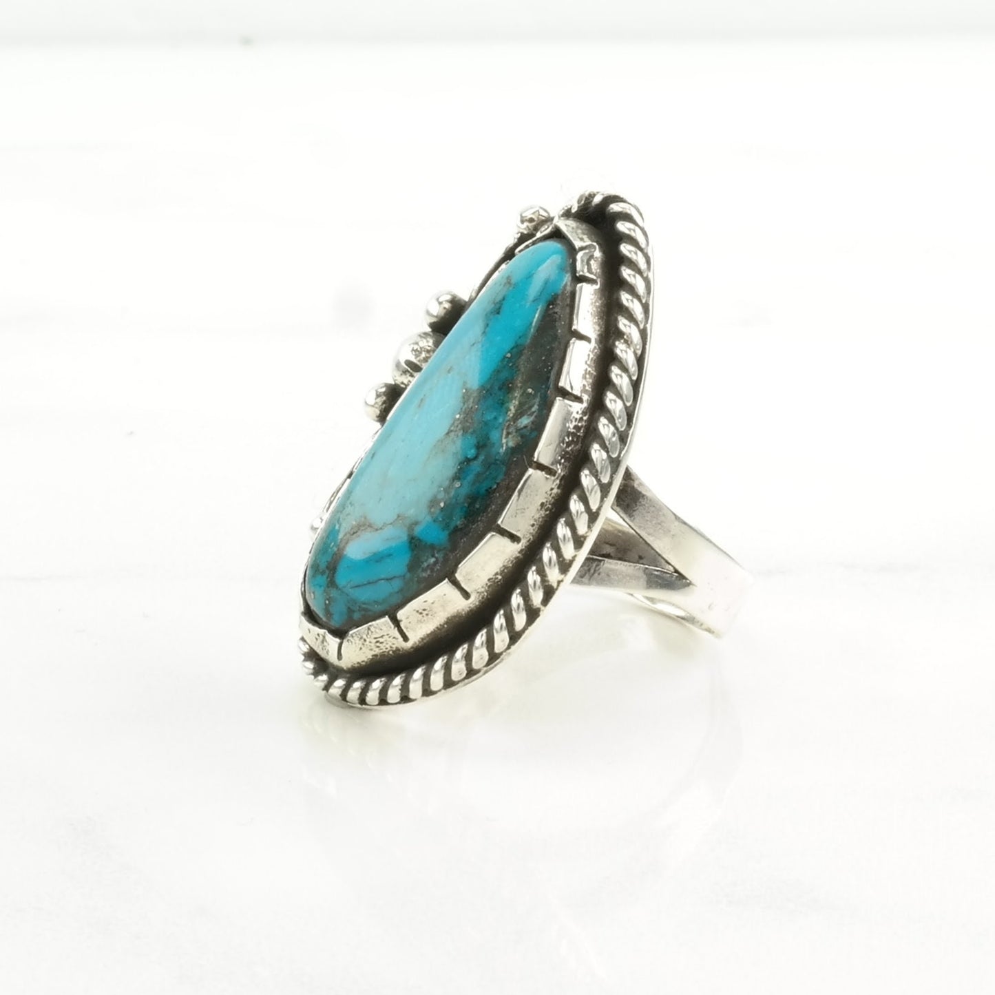 Vintage Southwest Silver Ring Turquoise Rope Detail Sterling Blue Size 8