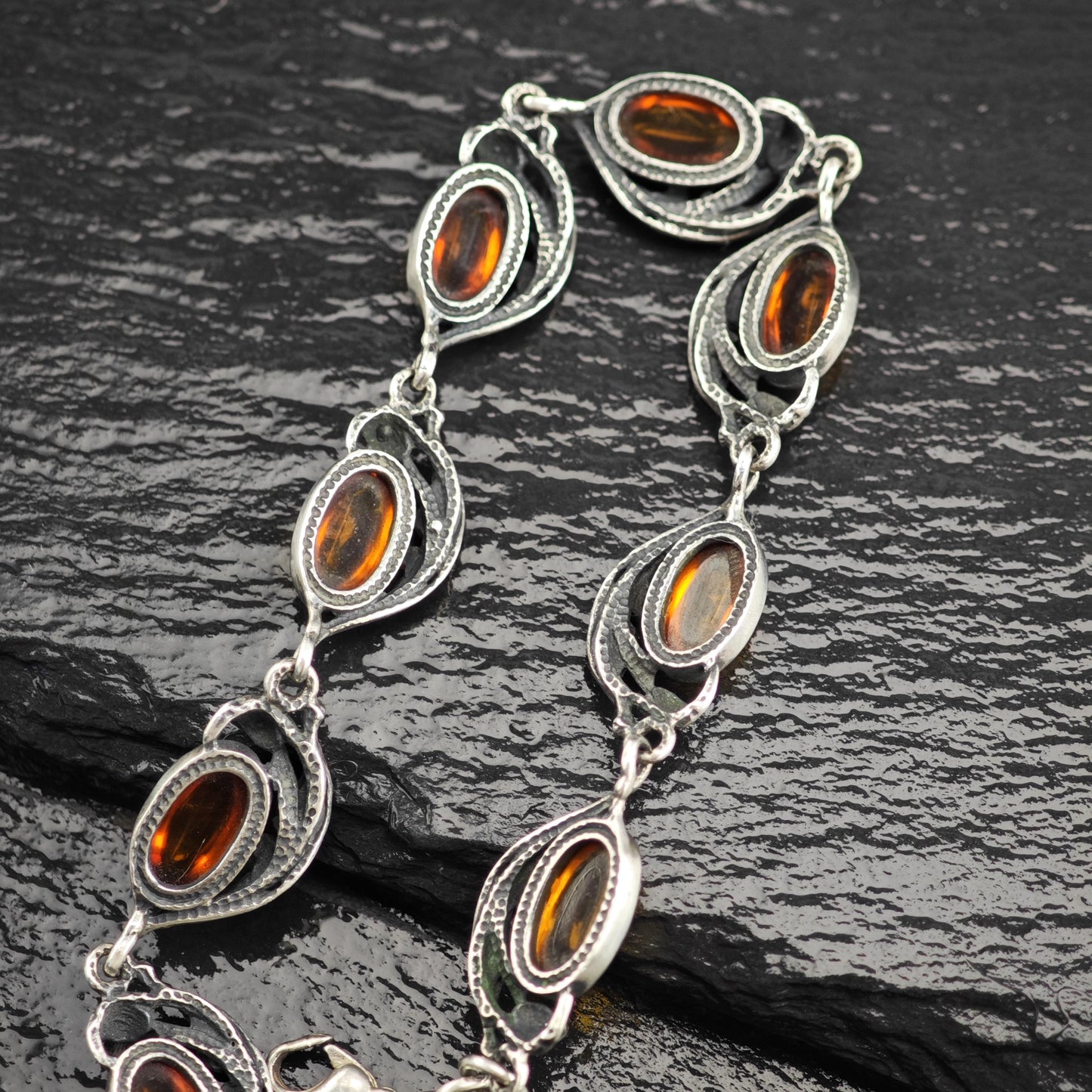 Art Nouveau Style Amber Link Bracelet Sterling Silver