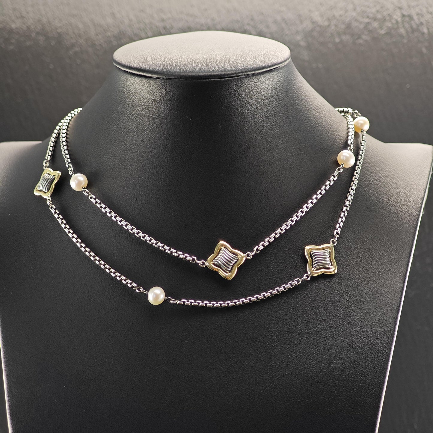 Vintage White Pearl, Gold Accent Necklace Sterling Silver