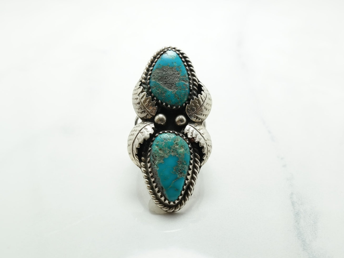 Vintage Native American Turquoise Ring, Sterling Silver Navette Ring with Leaf Design, Size 6 1/2