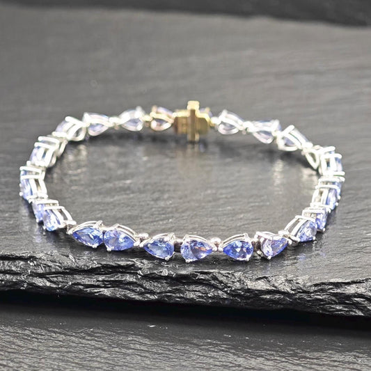 Tanzanite, 14K Gold Clasp Tennis Bracelet Sterling Silver