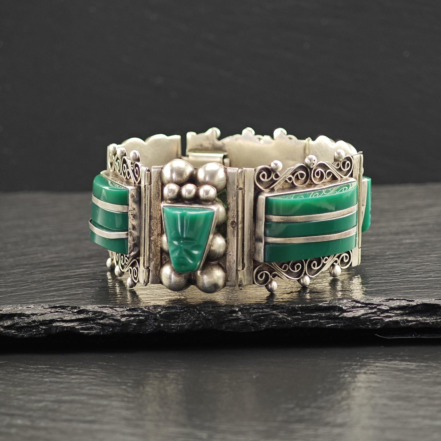 AS IS Vintage Mexican Green Onyx Link Bracelet Sterling Silver