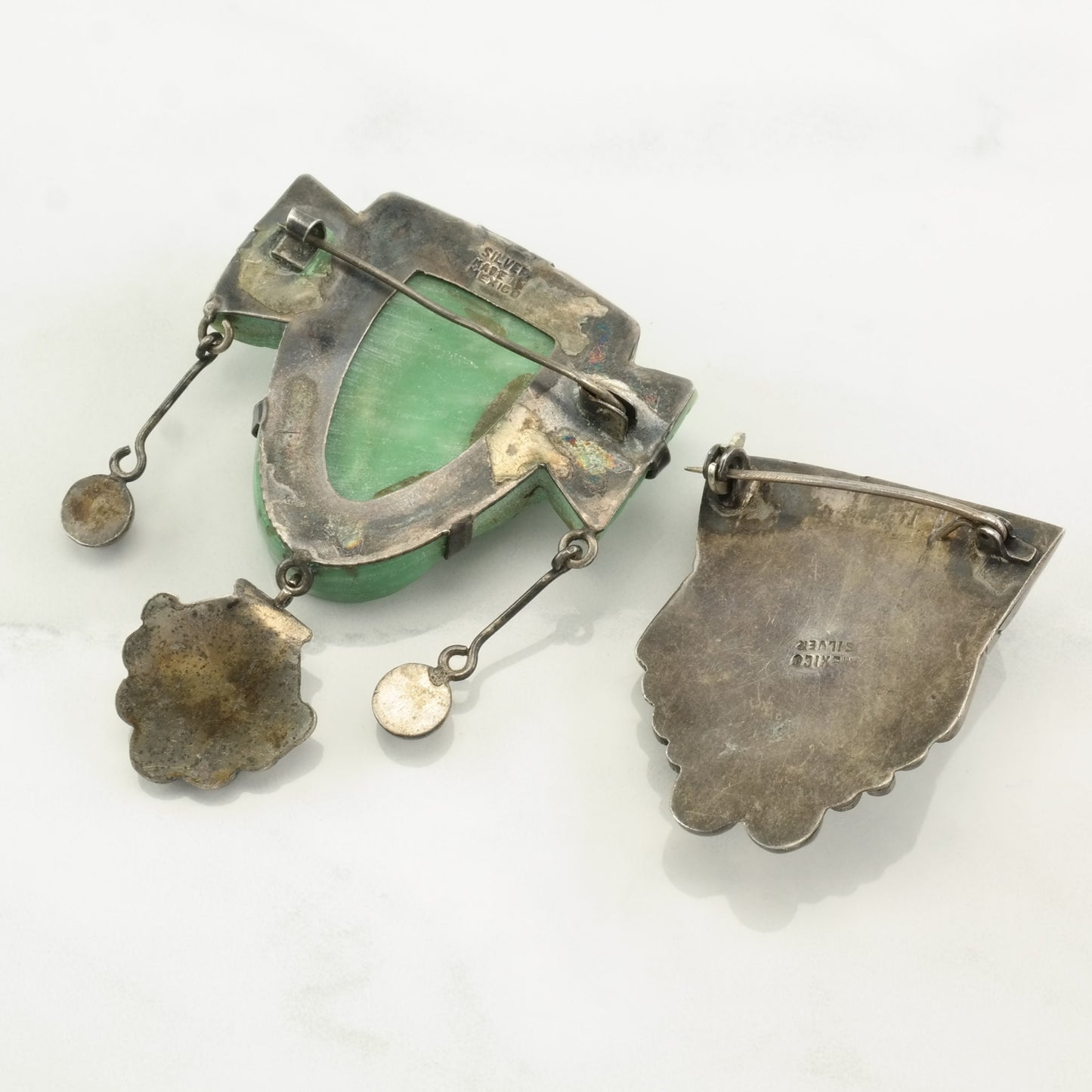 Taxco Sterling Silver Brooch Aztec Carved Jade B1727