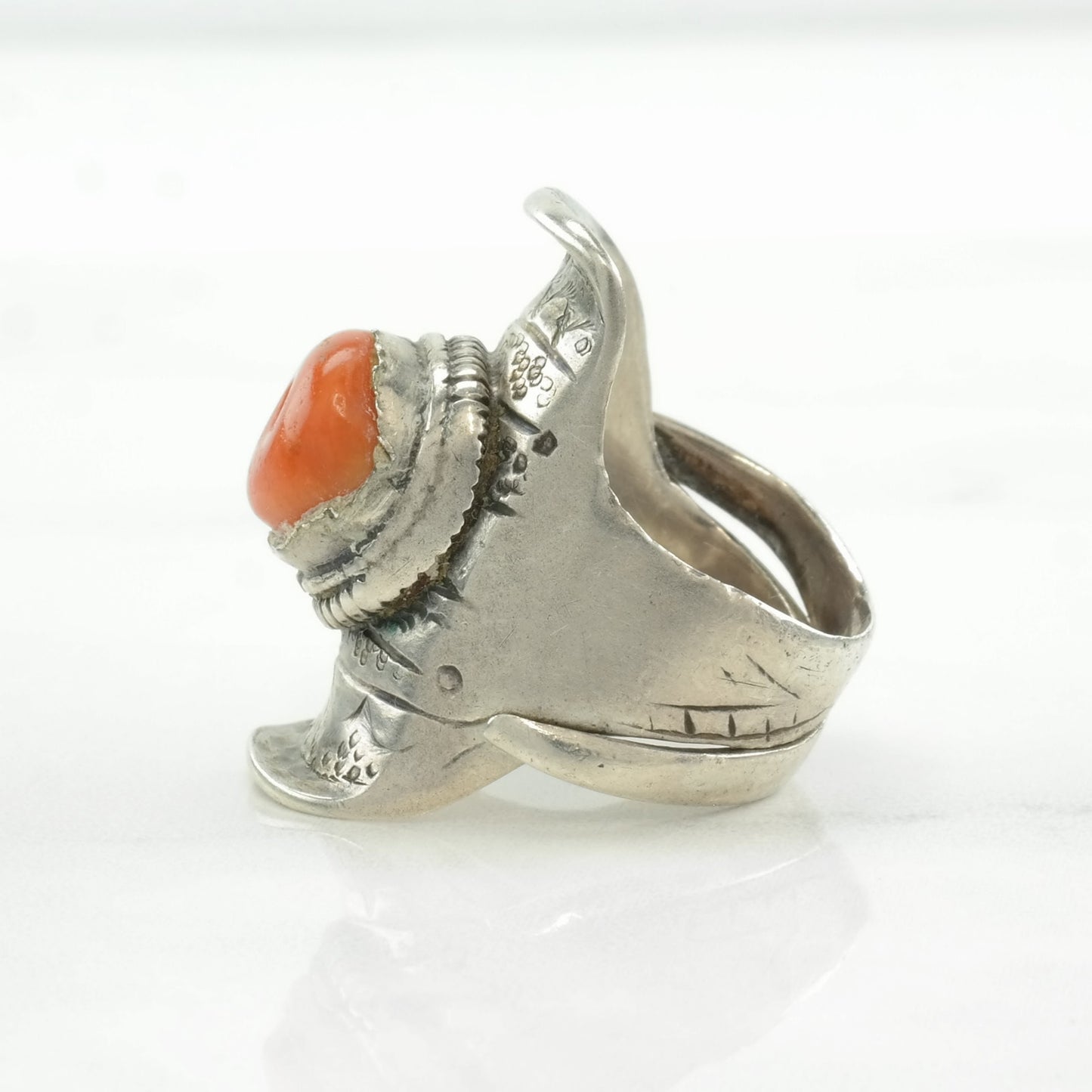 Vintage Sterling Silver Ring Coral Saddle, Stamped Orange Size 5 1/2 - 5 3/4