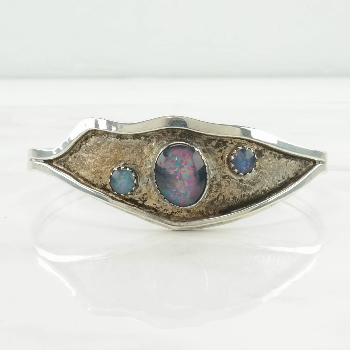Vintage Sterling Silver Cuff Bracelet Purple Black Opal Triplet