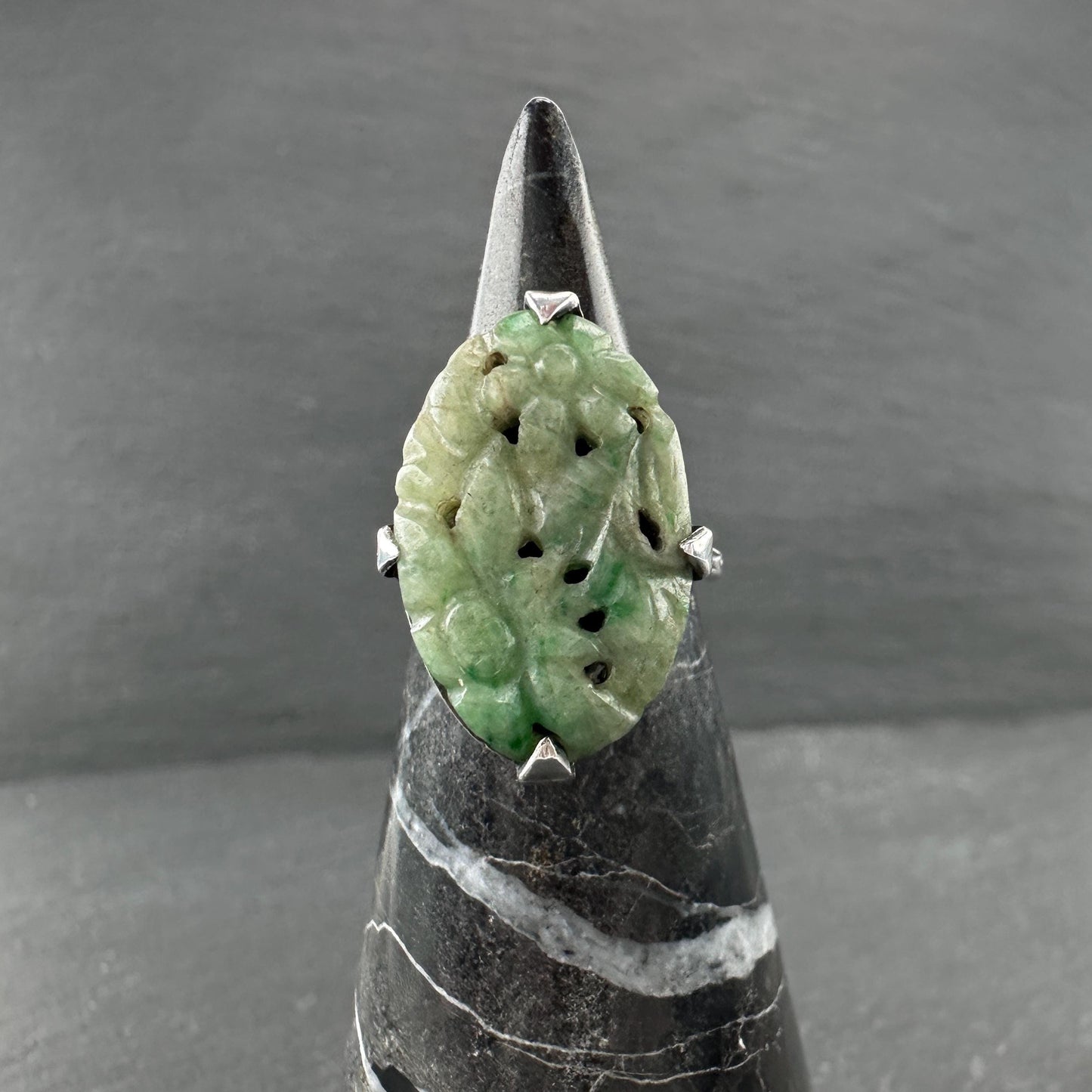 Carved Green Jadeite Jade, Floral Ring Sterling Silver