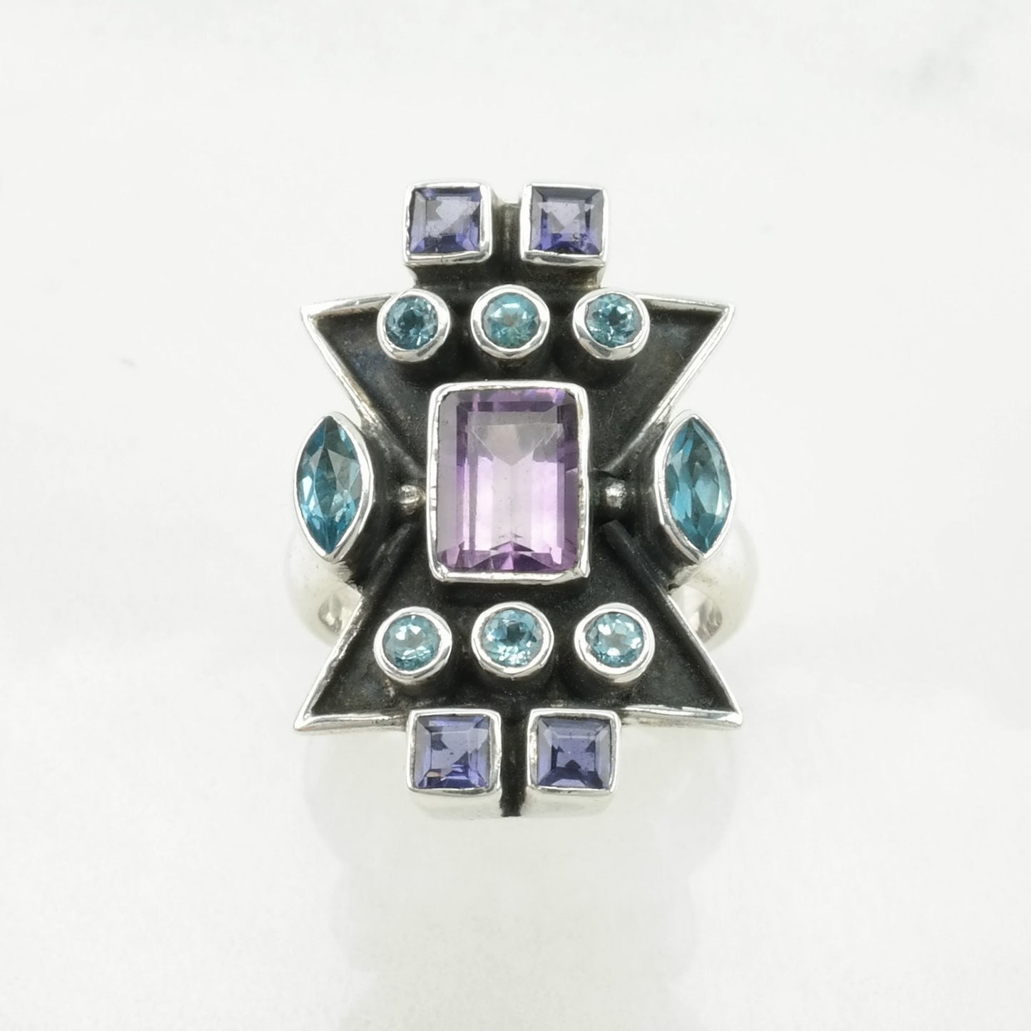 Vintage Nicky Butler Silver Ring Amethyst, Topaz Cluster, Geometric Sterling Blue, Purple Size 7