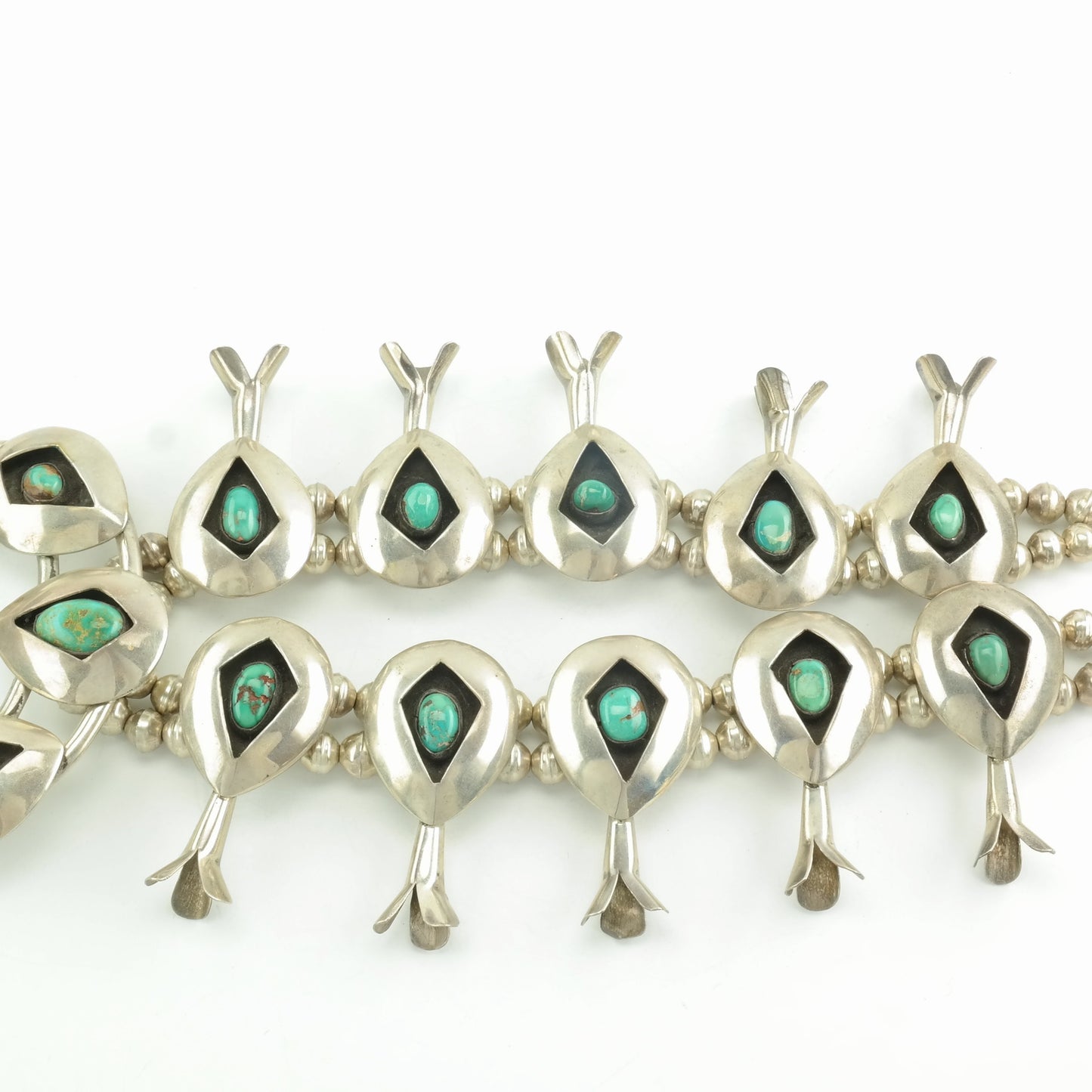 Vintage Native American Sterling Silver Royston Turquoise Shadowbox Squash Blossom Necklace