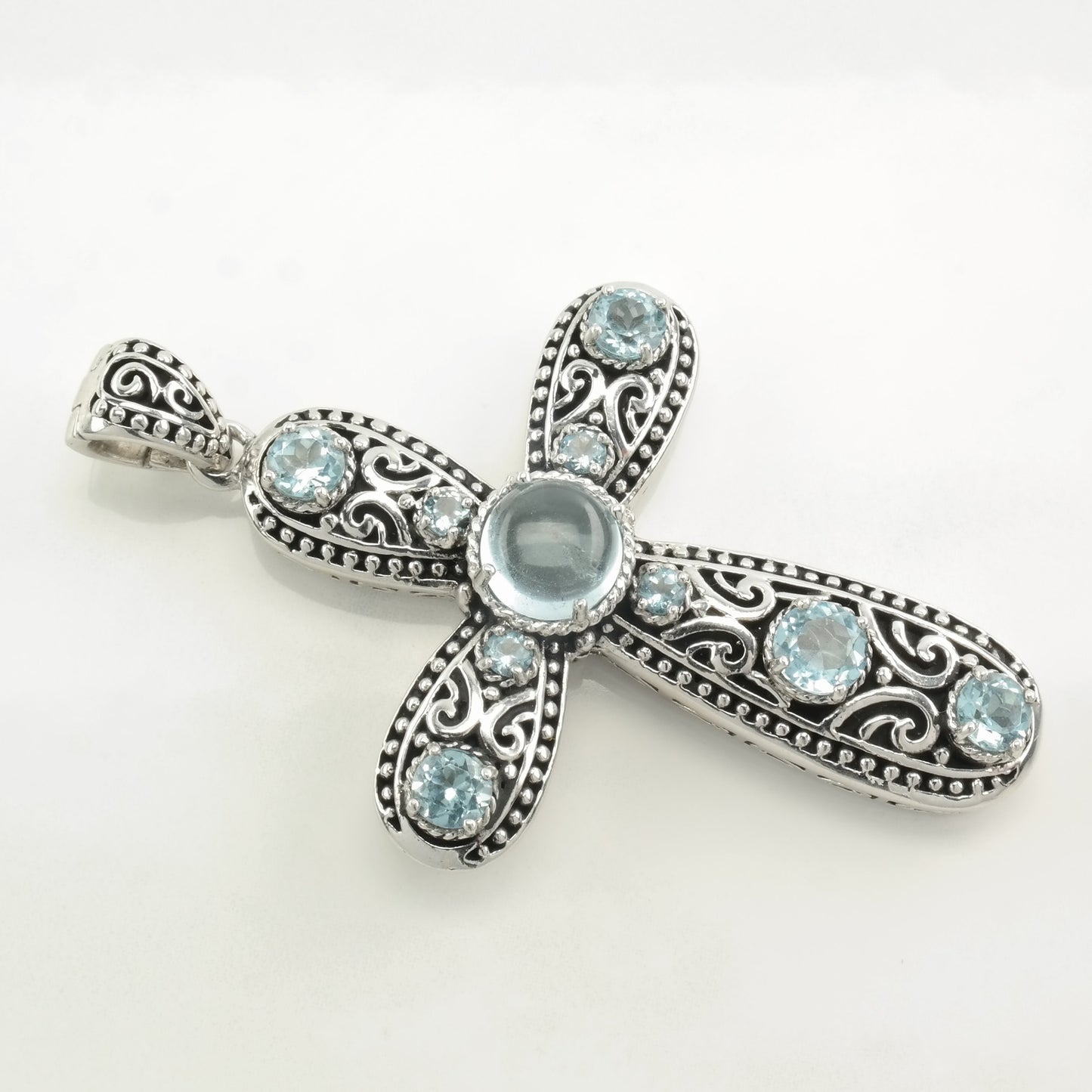 Vintage Topaz Filigree, Cross Sterling Silver Pendant