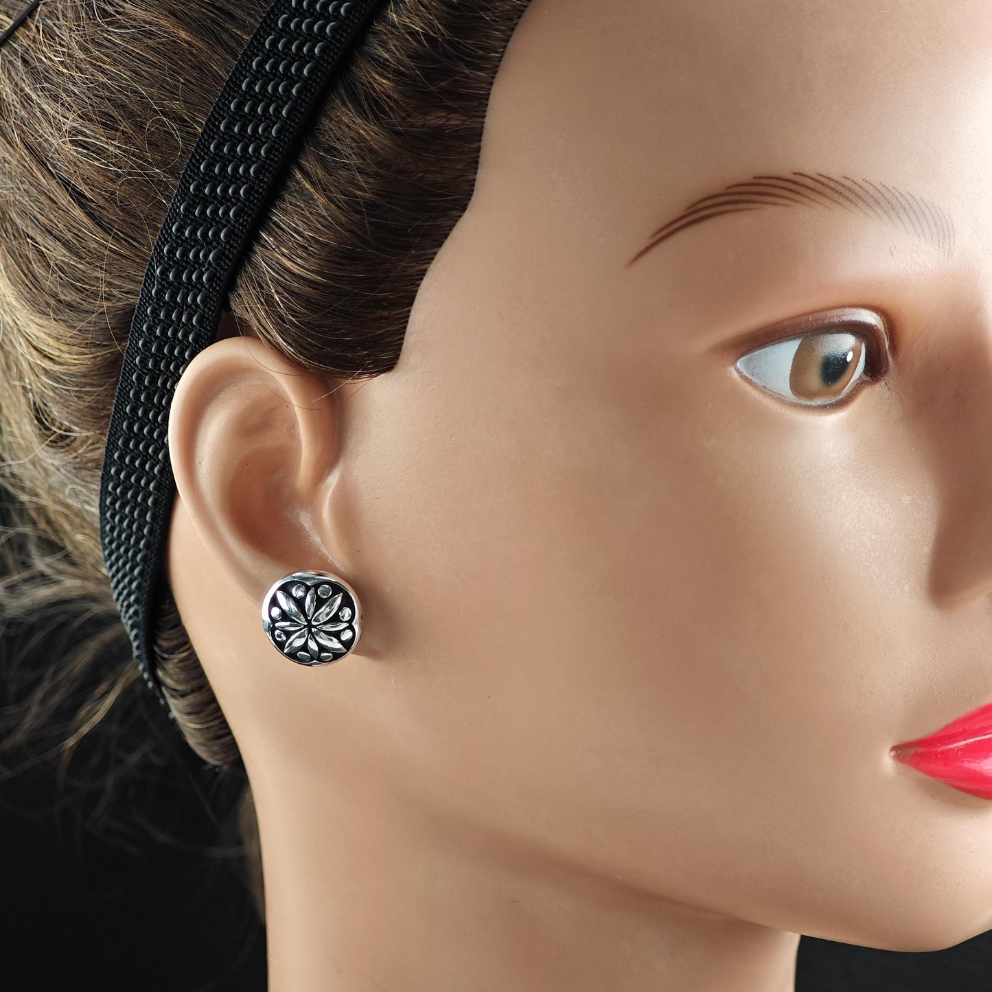 Vintage Overlay Floral Stud Earrings Sterling Silver