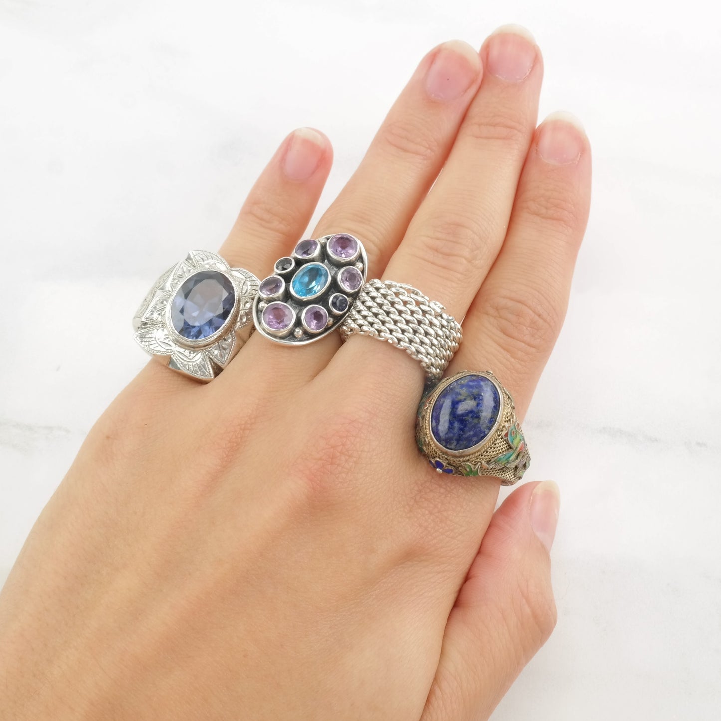 Antique Chinese Ring Lapis Lazuli Enamel, Chicken, Filigree Sterling Silver Size 9 - 9 1/2