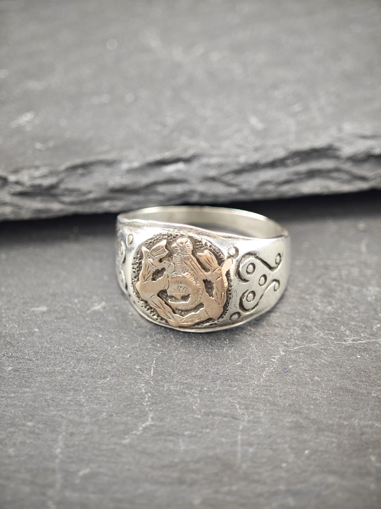 Mexican Biker Ring with Gold Overlay, Bird Sterling Silver
