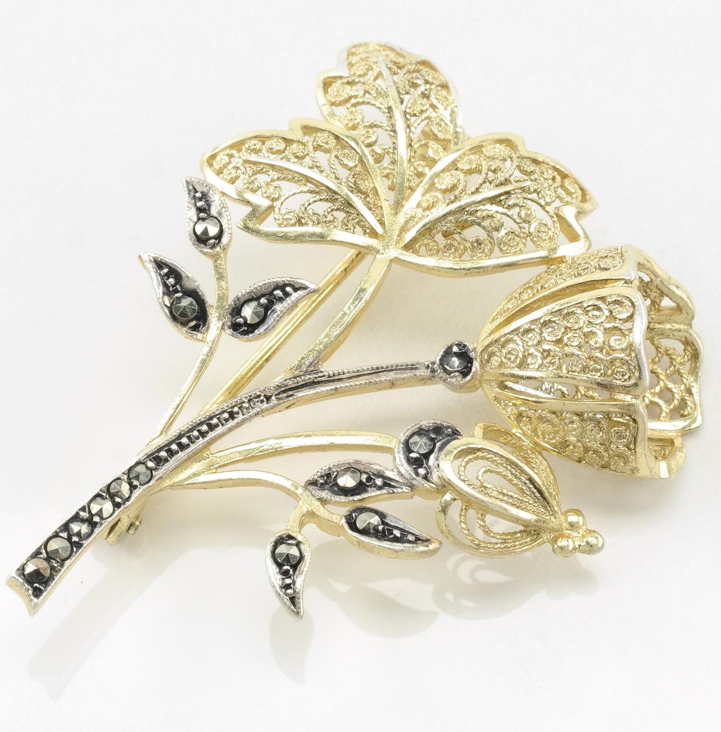 Sterling Silver Vintage Flower Brooch Marcasite Gold Hue