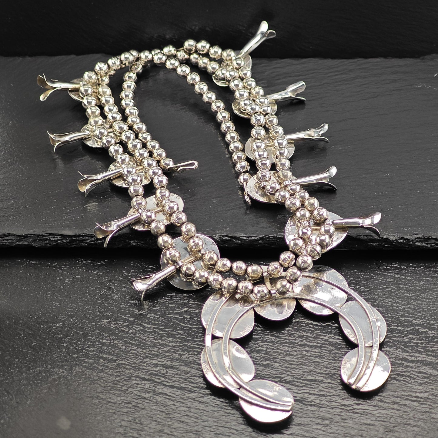 Large Southwest Blue Turquoise Squash Blossom Necklace and Earring Set in Sterling Silver