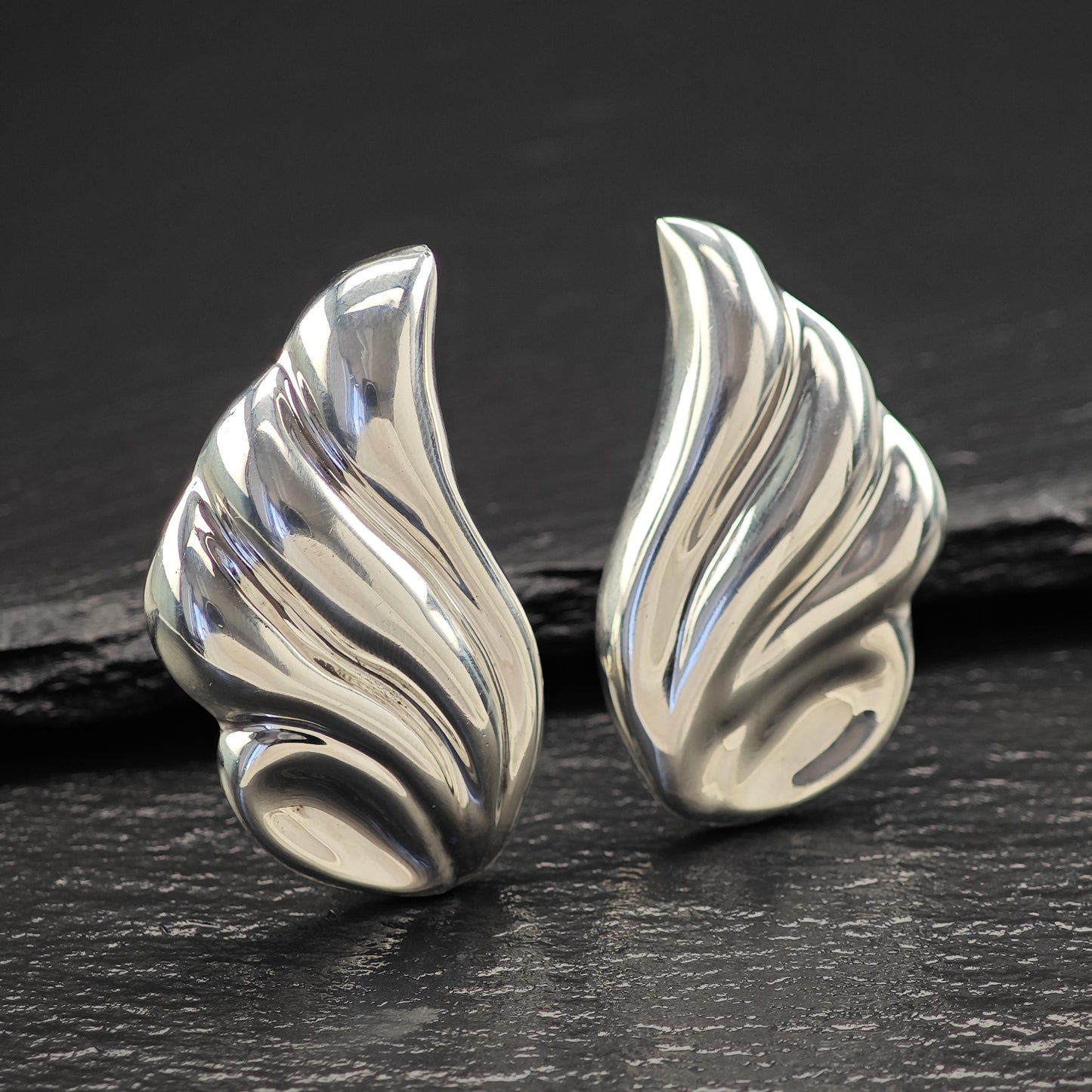Taxco, Ballesteros Wings Puffy Clip On Earrings Sterling Silver