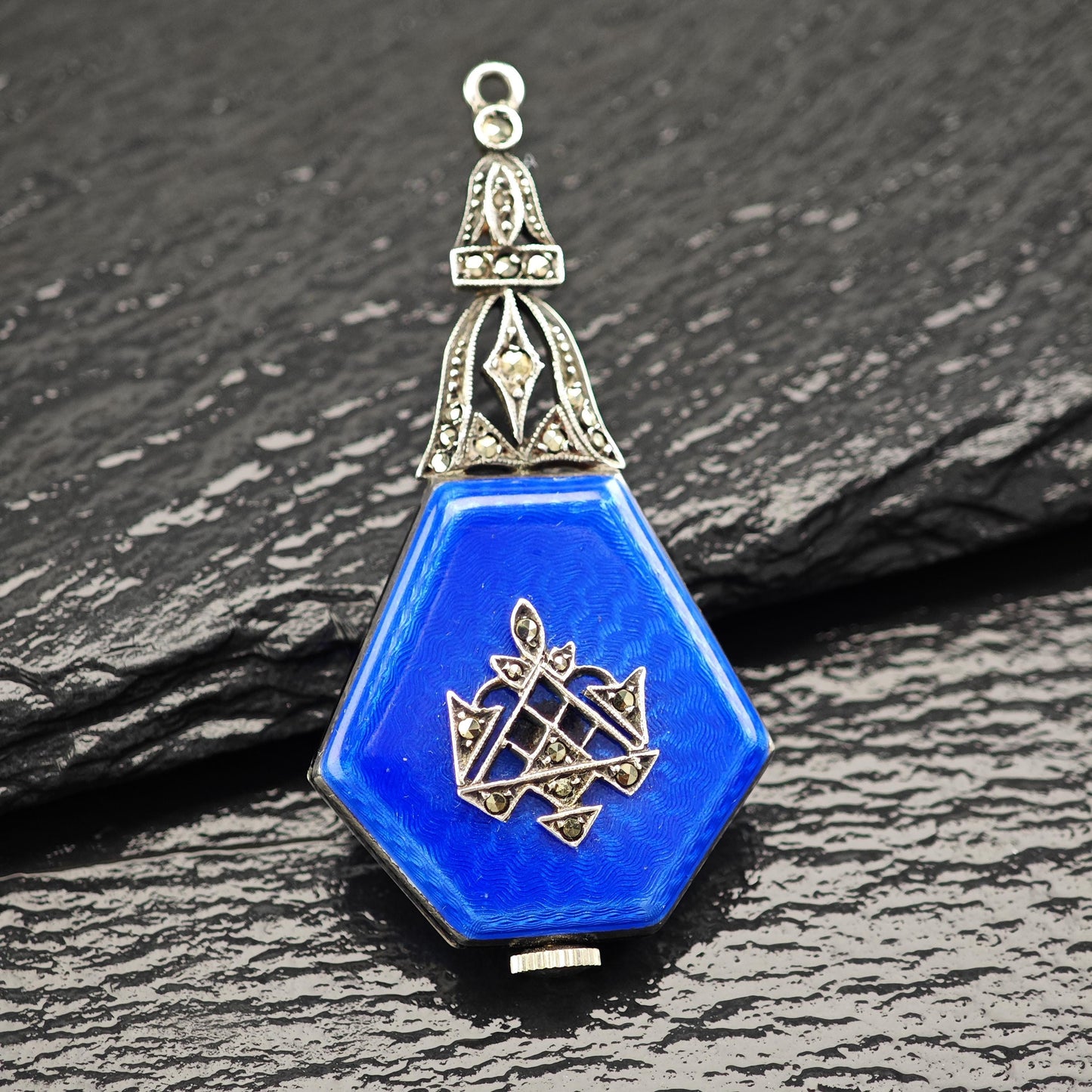 As Is Art Deco, Leicht-Mayer Lucerne, Enamel Pendant Watch Sterling Silver