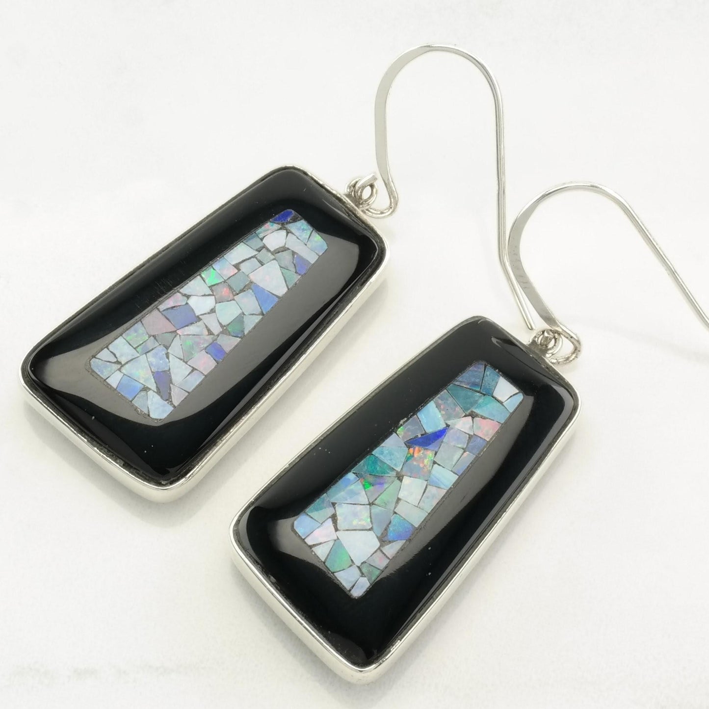 Sterling Silver Onyx, Opal Mosaic Inlay Earrings Fish hook/Dangle