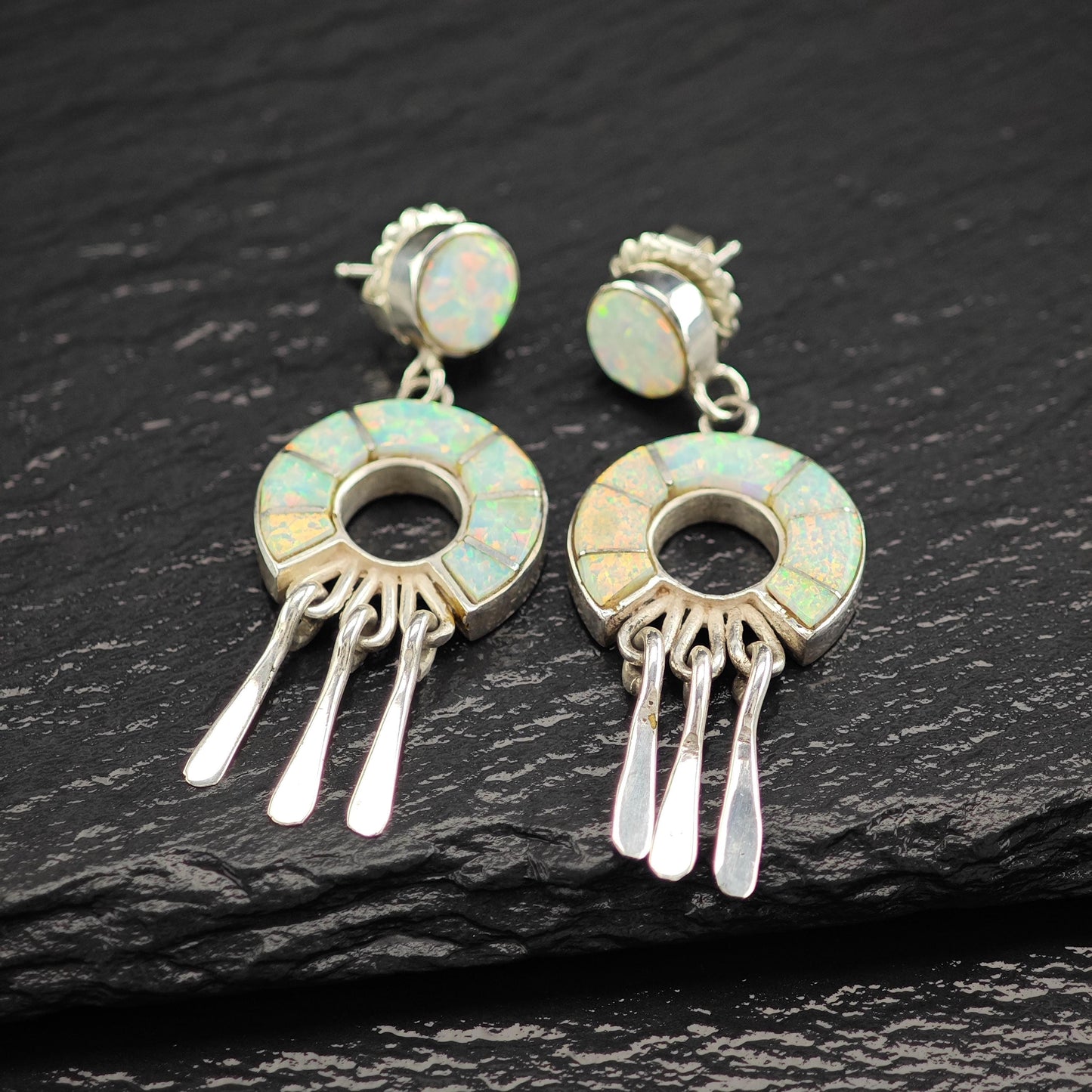 Native American Earrings with Calvin Begay Rainbow Lab Opal Inlay Sterling Silver