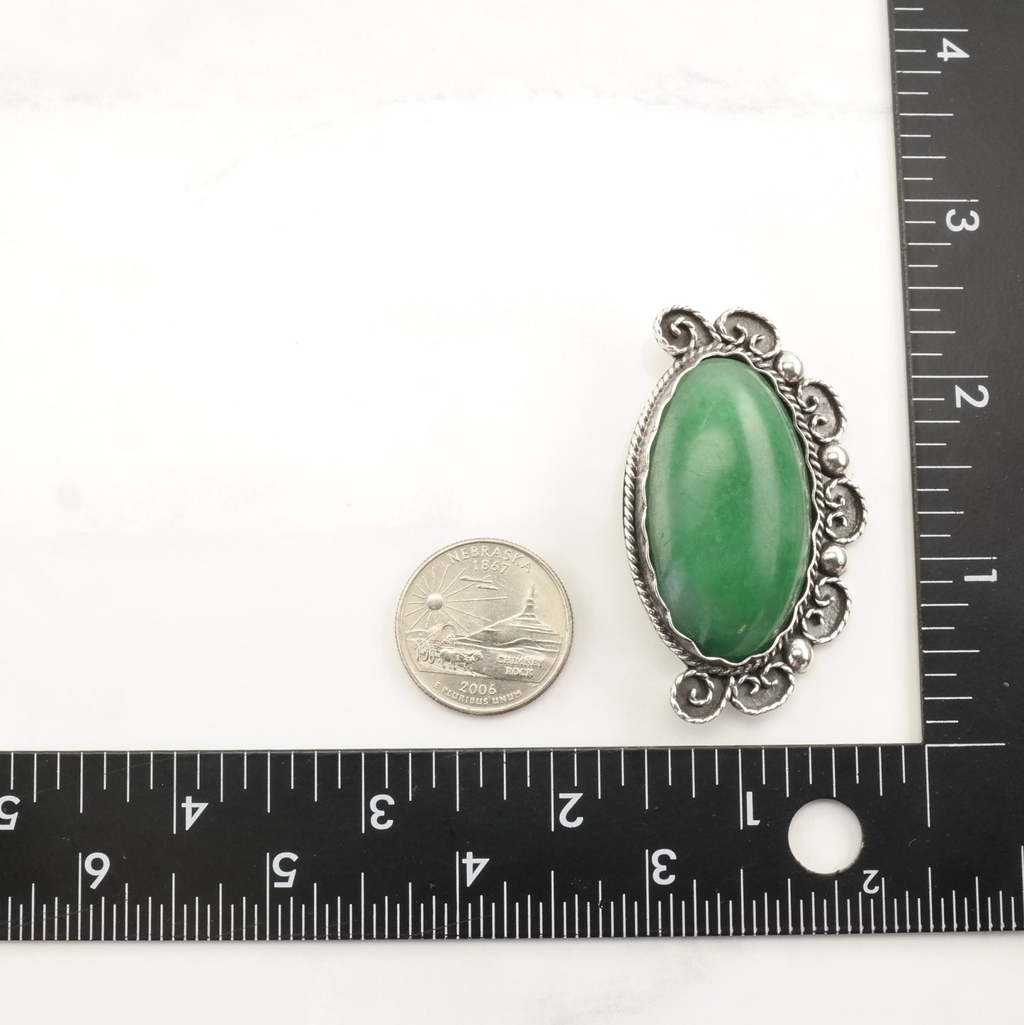 Taxco Sterling Silver Brooch Large Oval Guatemalan Jade B1679