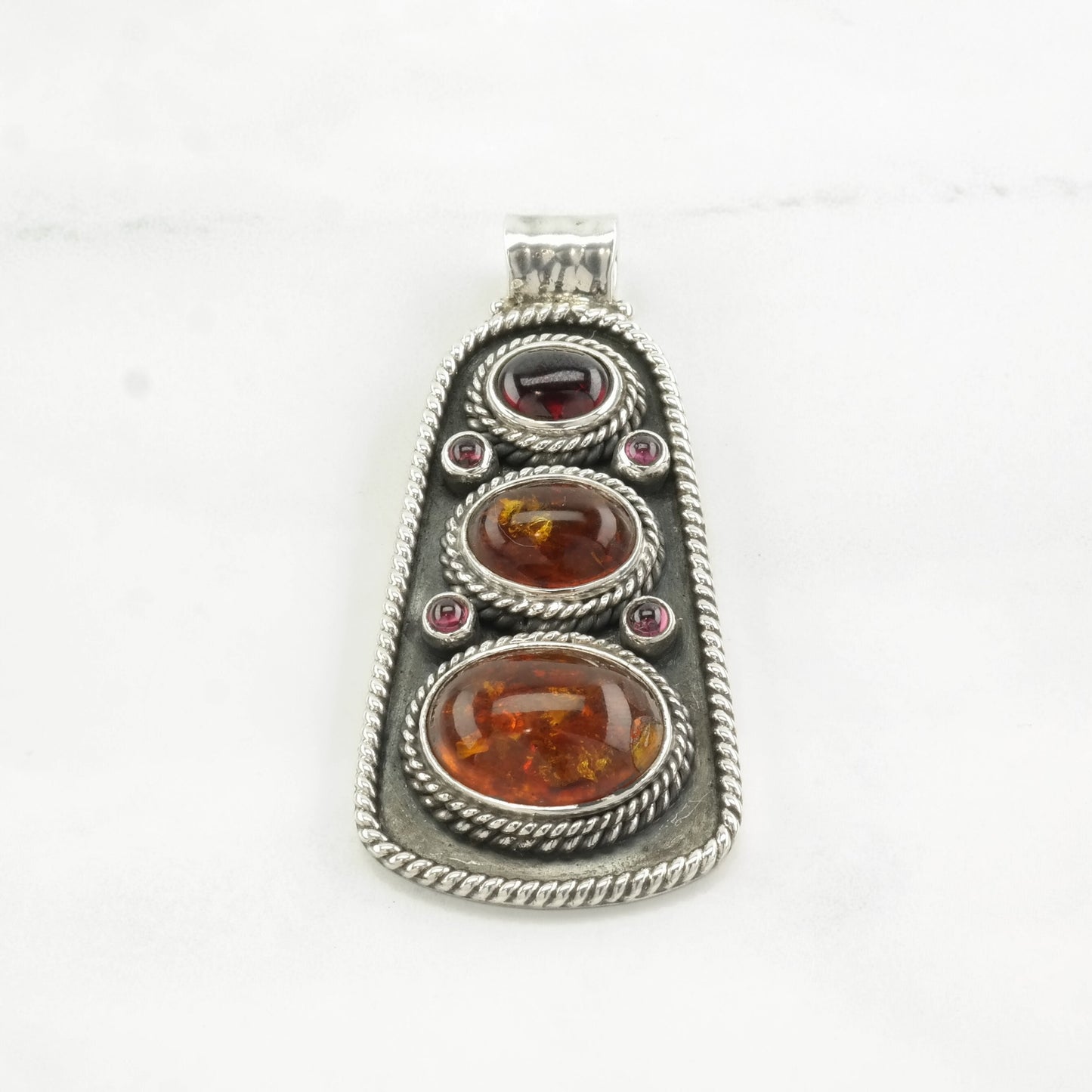 Vintage Amber Garnet Sterling Silver Pendant