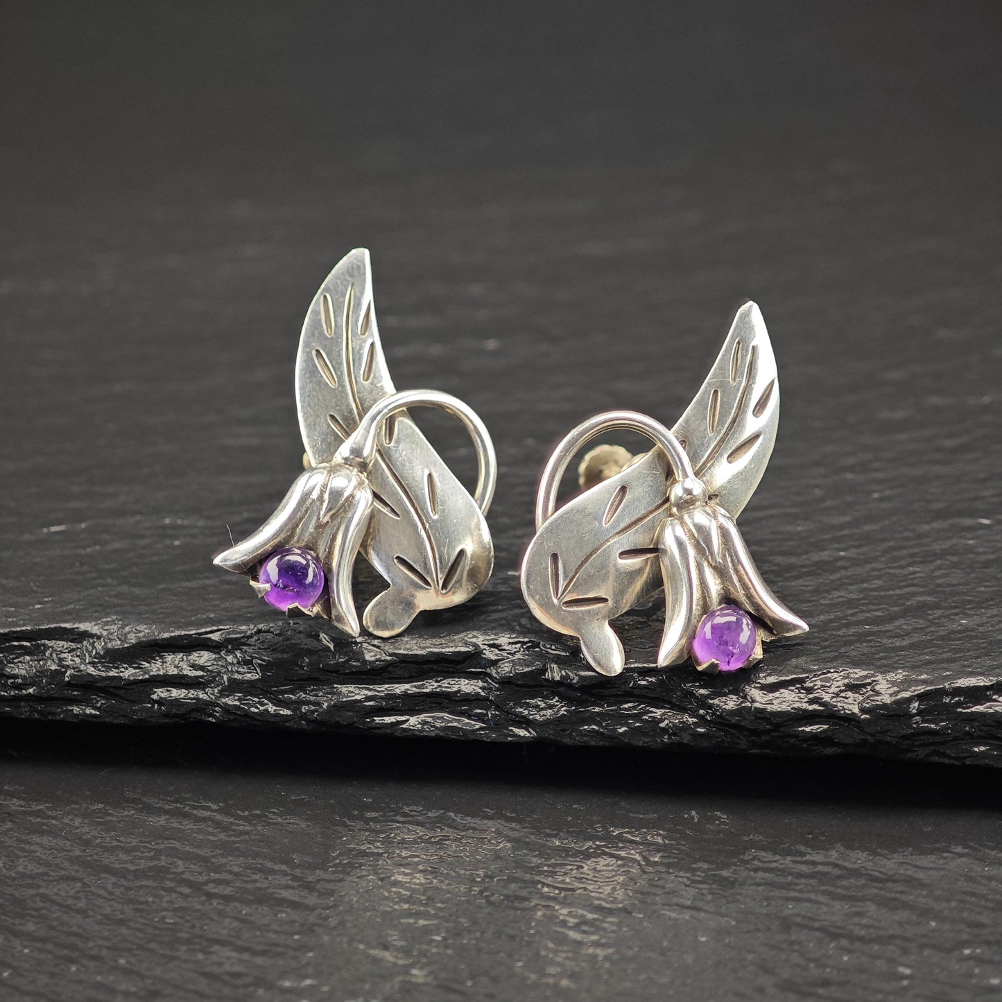 Taxco Amethyst Floral, Screw Back Earrings Sterling Silver