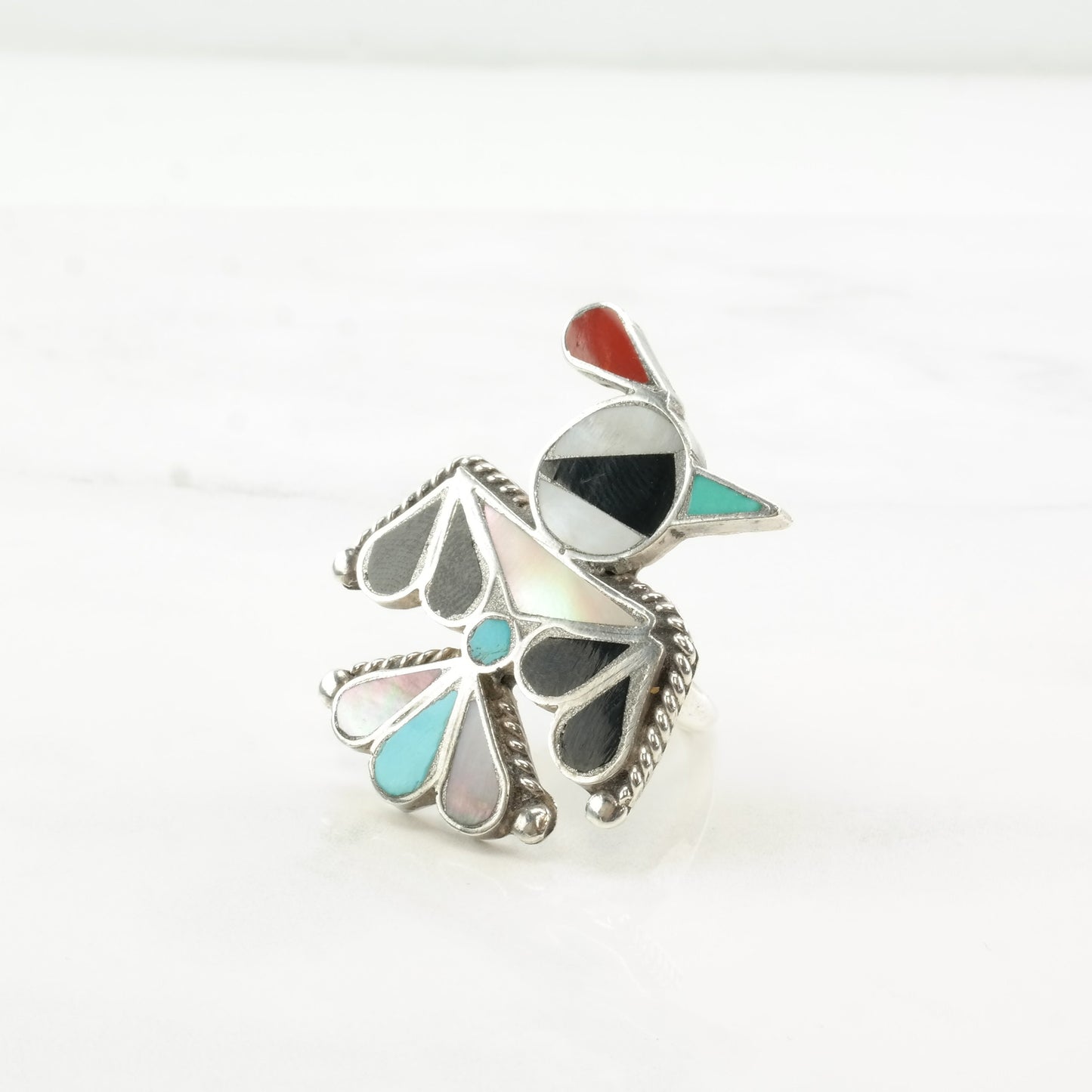 Vintage Zuni Sterling Silver Thunderbird Ring with Multi-Stone Inlay, Size 7, Attributed to Bobby Shack