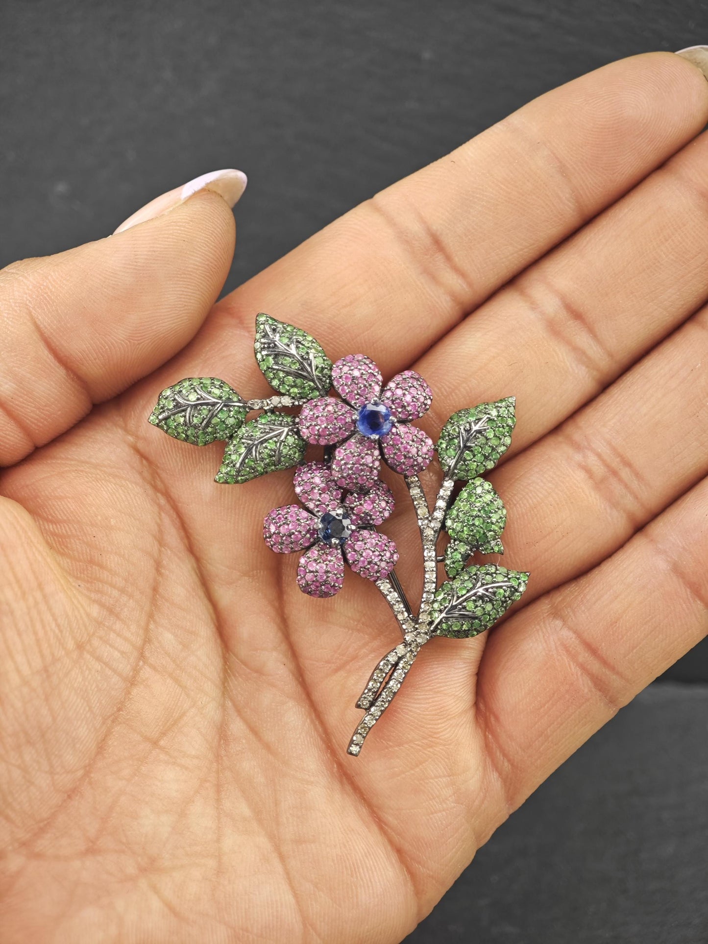 Diamond Flowers Sterling Silver Brooch Pendant