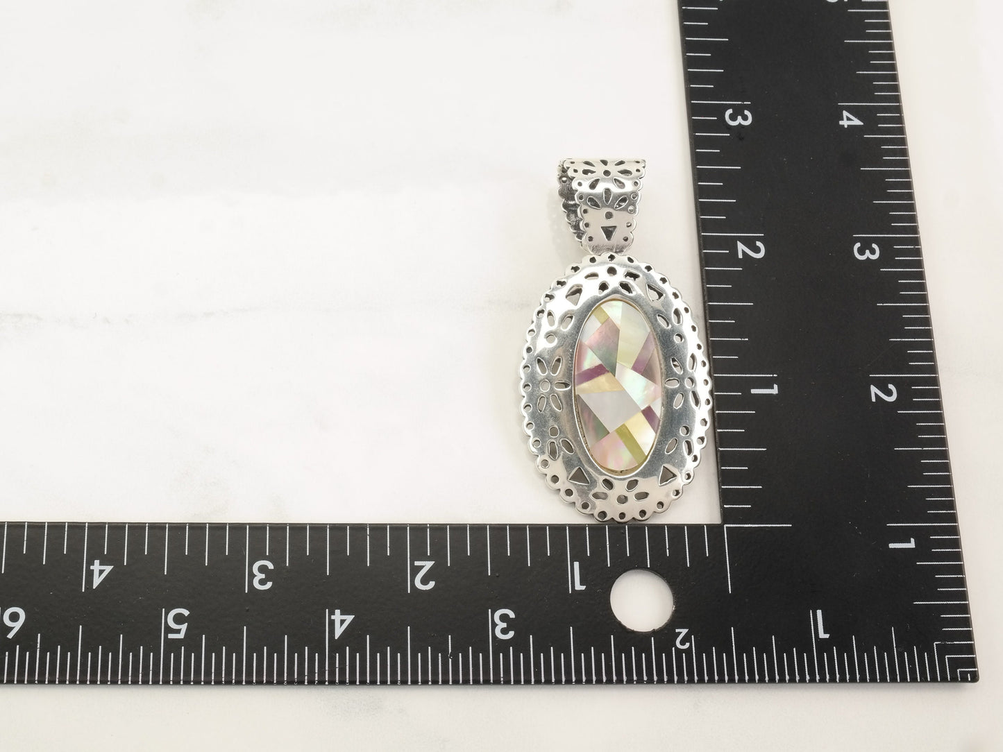 Vintage Relios MOP Inlay, Floral, Detachable Bail Sterling Silver Pendant P2026