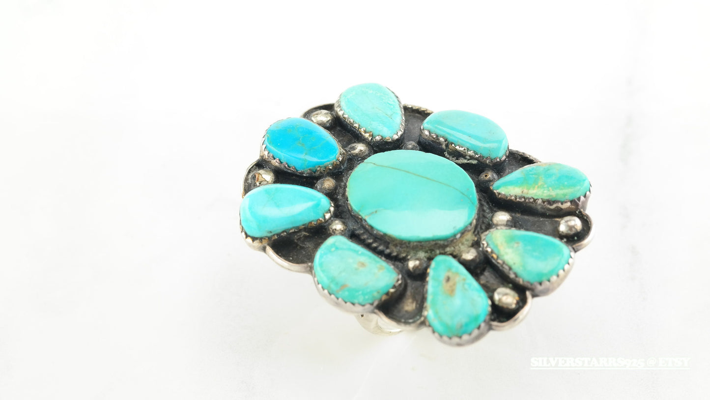 Vintage Native American Cluster Sterling Silver Ring Size 10 Blue Turquoise Shield