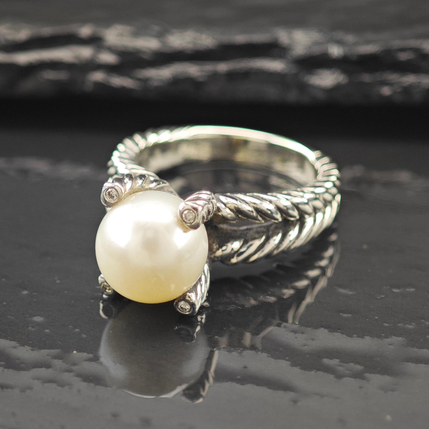 David Yurman 10mm Pearl Diamond Cable Ring Sterling Silver