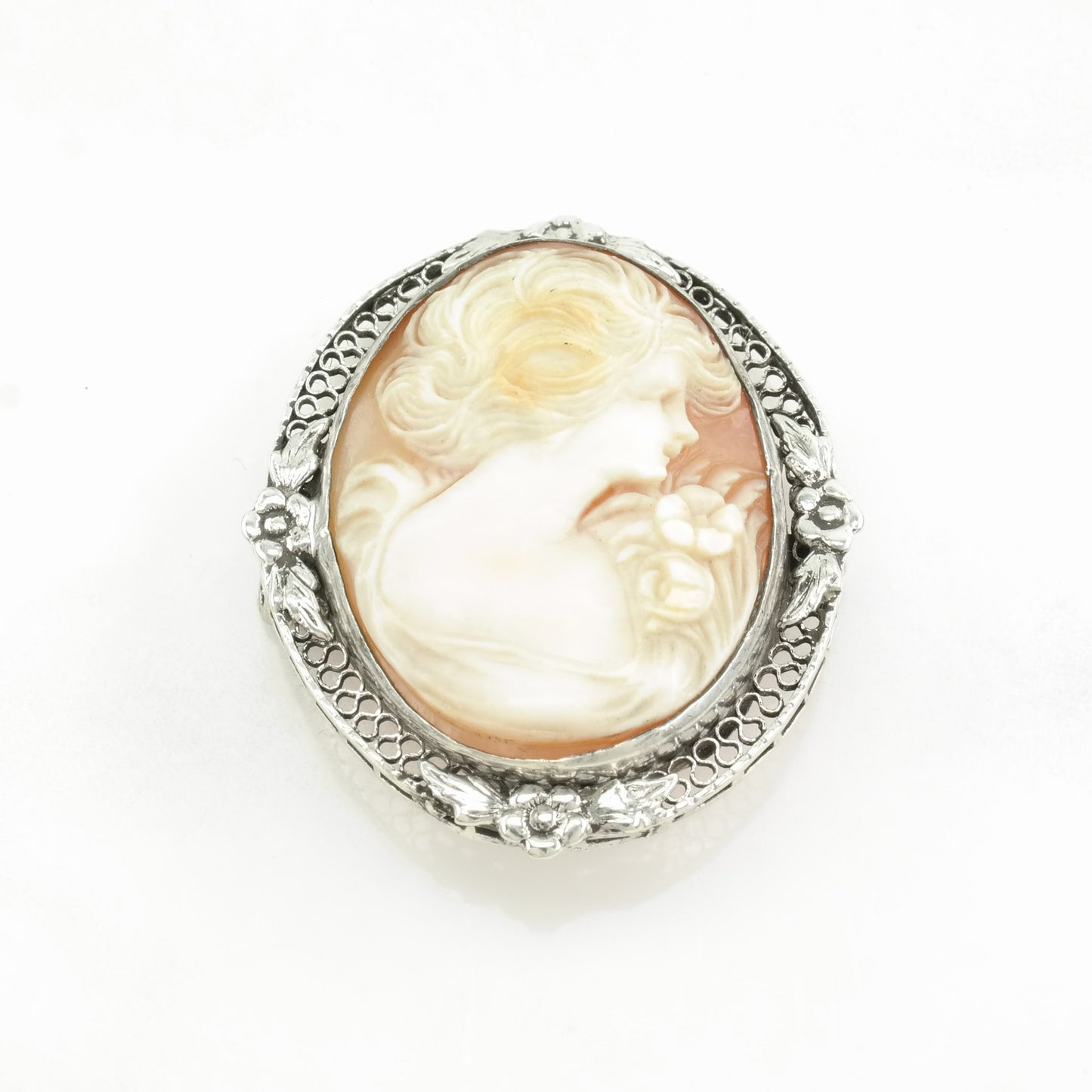 Vintage Silver Brooch Female, Flower, Filigree Cameo Sterling