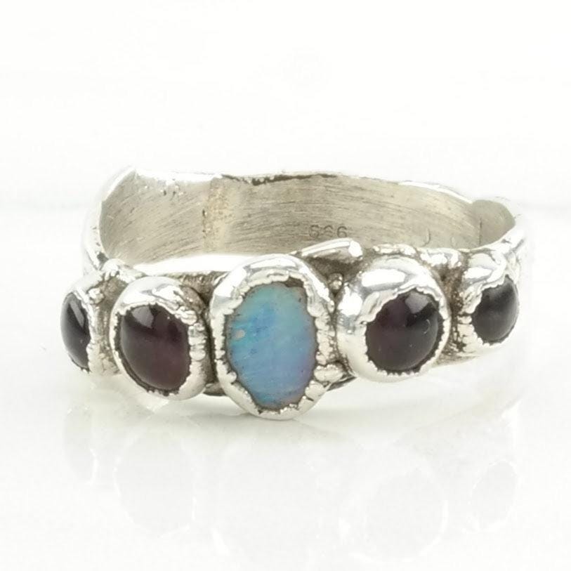 Vintage Sterling Silver Ring Opal, Garnet Size 8 3/4