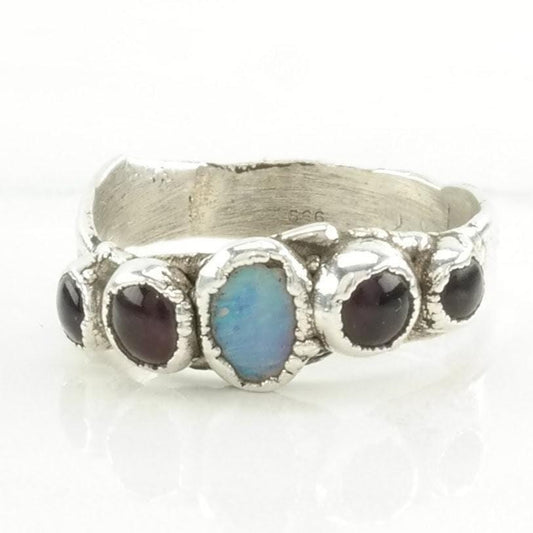 Vintage Sterling Silver Ring Opal, Garnet Size 8 3/4
