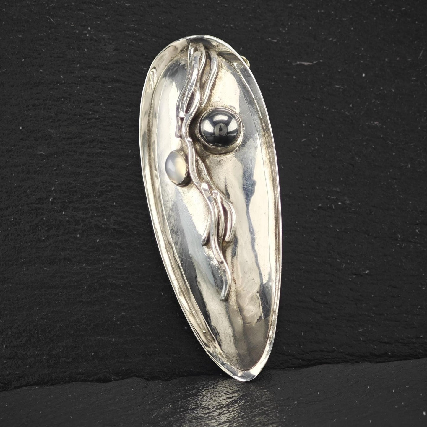 Margaret Ellis Hallow Hematite, Moonstone Brooch/Pendant Sterling Silver
