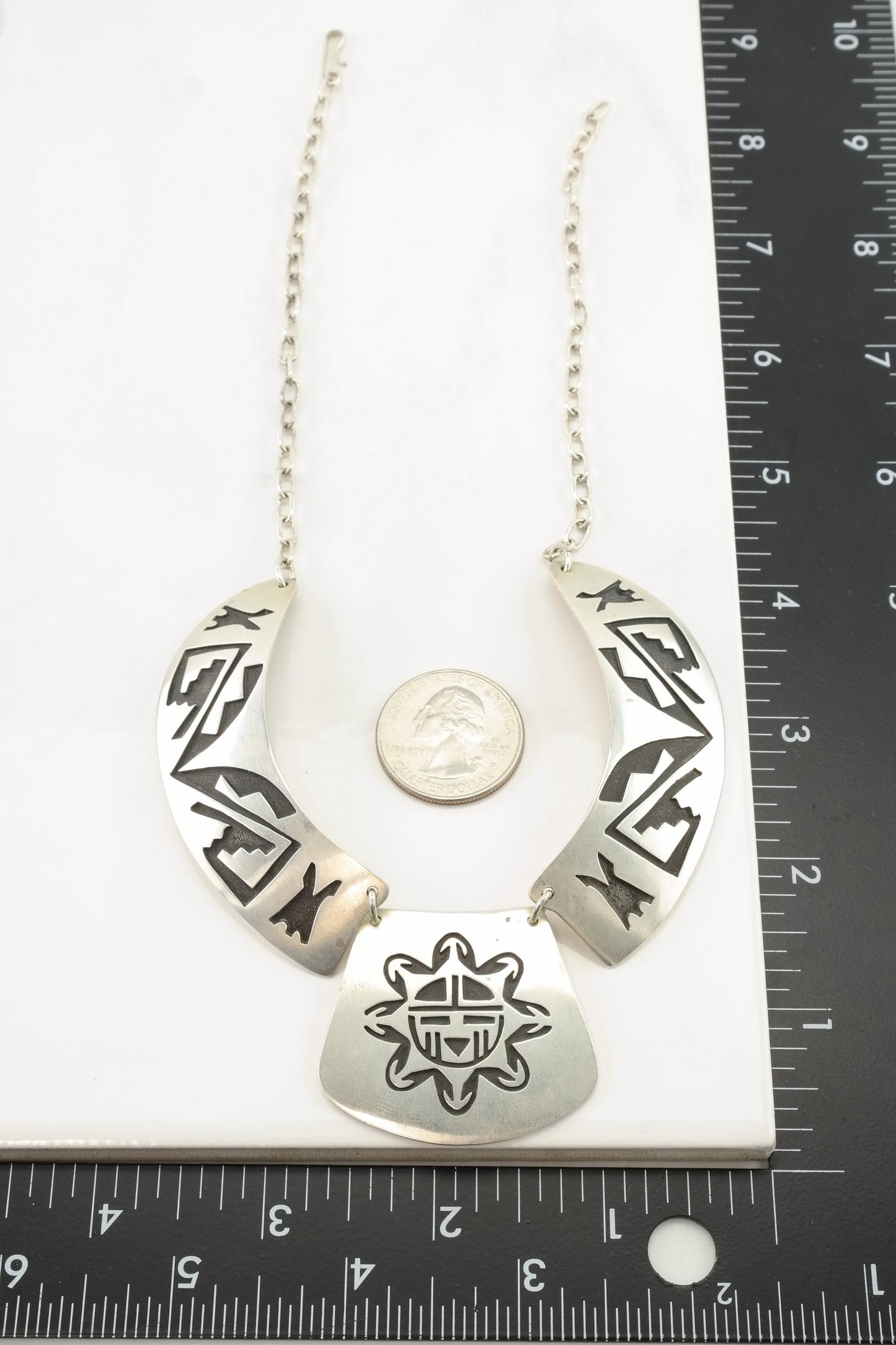 Vintage Hopi Sterling Silver Overlay Necklace with Sunface Pendant, Native American, 1980s