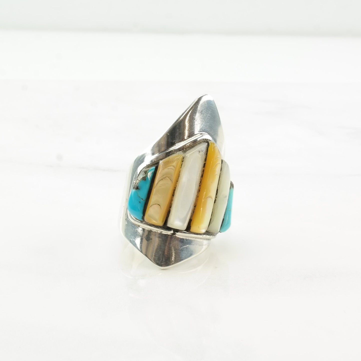 Vintage Zuni Silver Ring MOP Turquoise Cobblestone Inlay Sterling Size 9 3/4