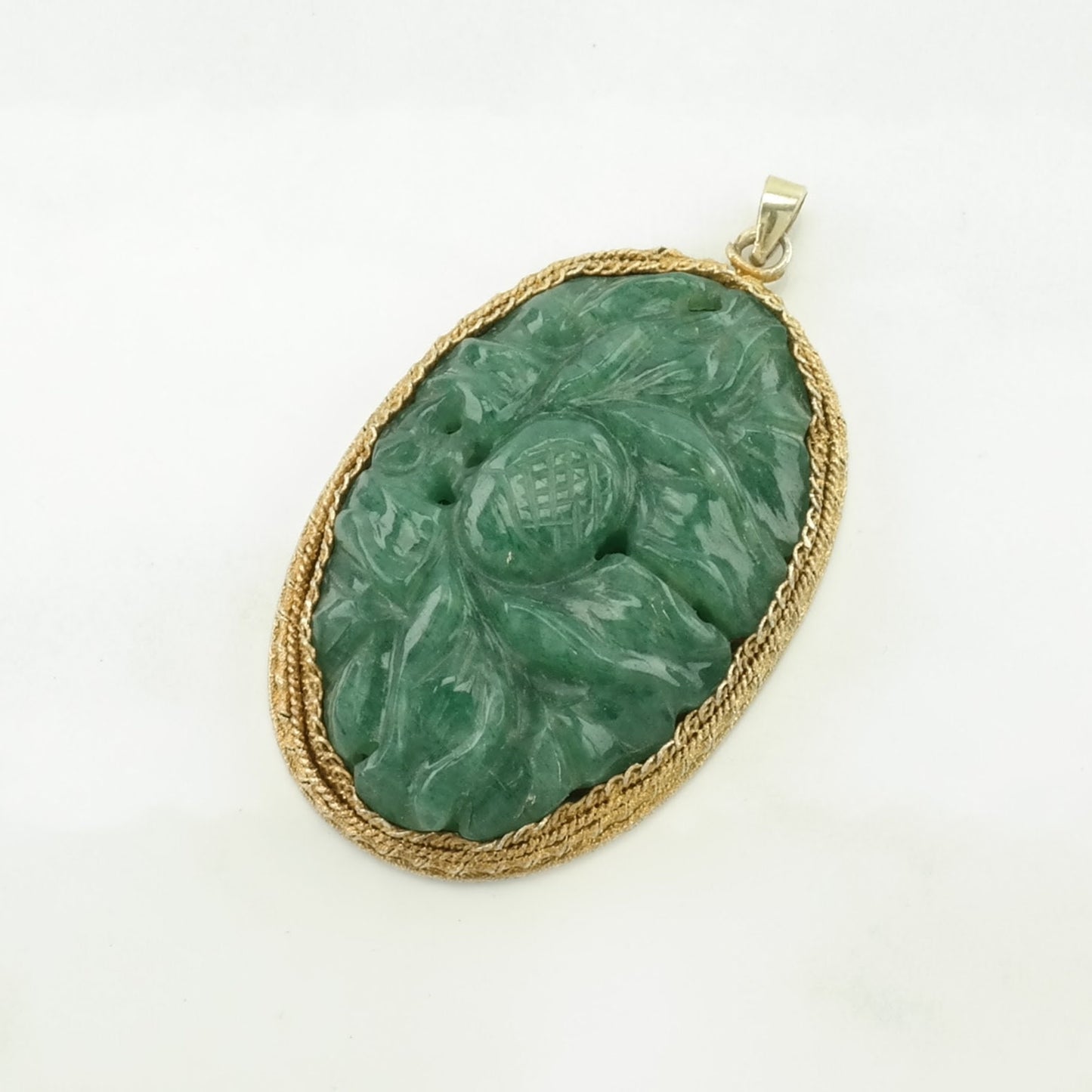 Vintage Chinese Export Jade, Quartzite Carved Flowers, Gold Gilded Sterling Silver Pendant