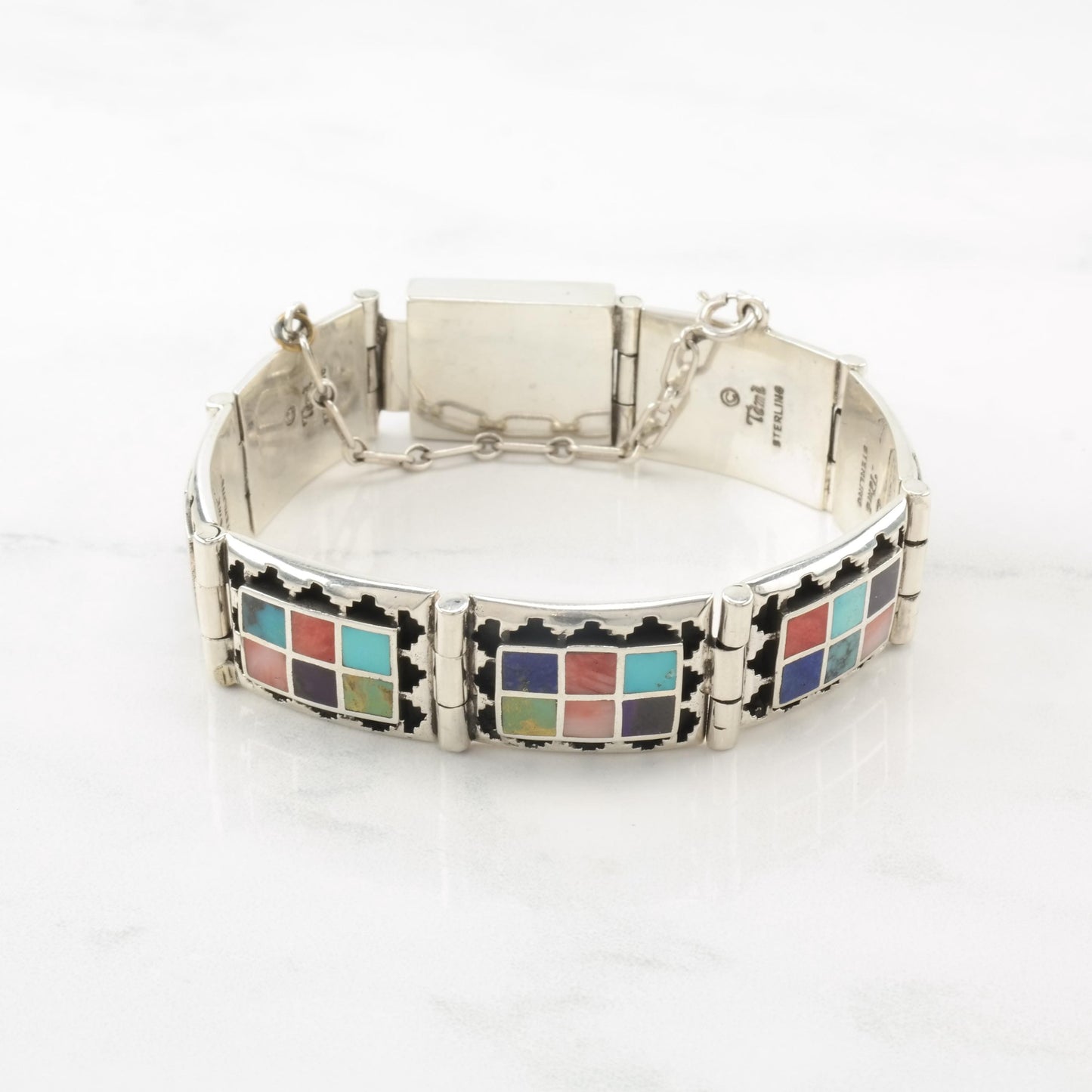 Teme Inlay Sterling Silver Bracelet Turquoise Coral Lapis Shadow Box