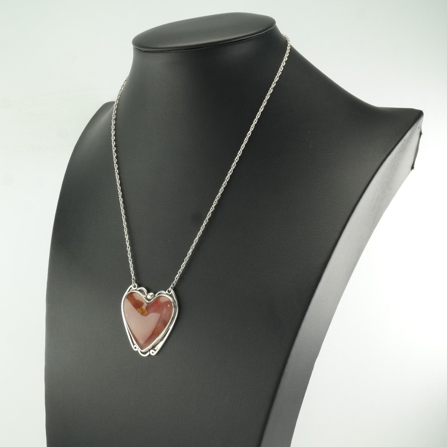 Vintage Sterling Silver Red Agate Heart Necklace Screwback Earring Set