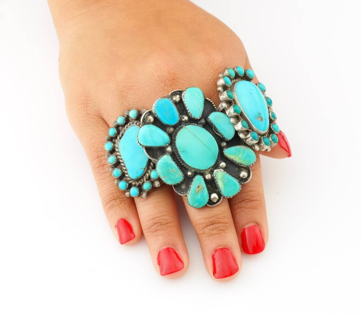 Vintage Native American Cluster Sterling Silver Ring Size 10 Blue Turquoise Shield