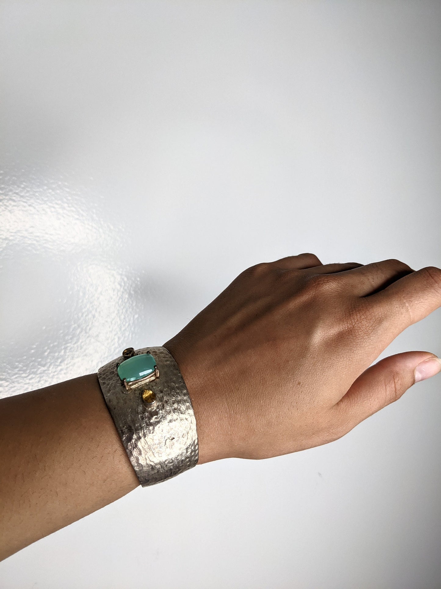 Vintage Hammered Sterling Silver Cuff with Citrine and Chalcedony