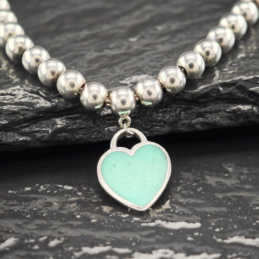 Vintage Tiffany & Co. Teal Heart Charm Bracelet Sterling Silver