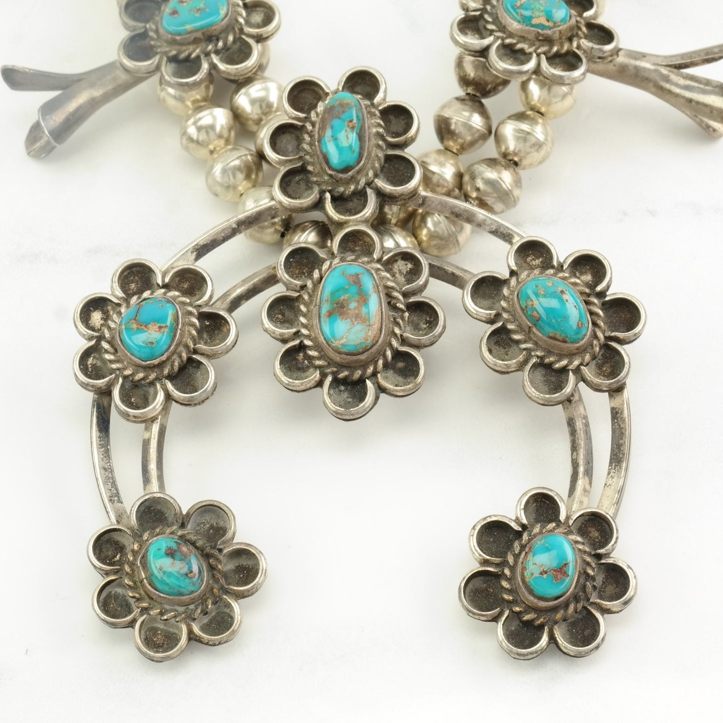 Vintage Native American Sterling Silver Blue Blue Gem, Turquoise Floral Squash Blossom Necklace