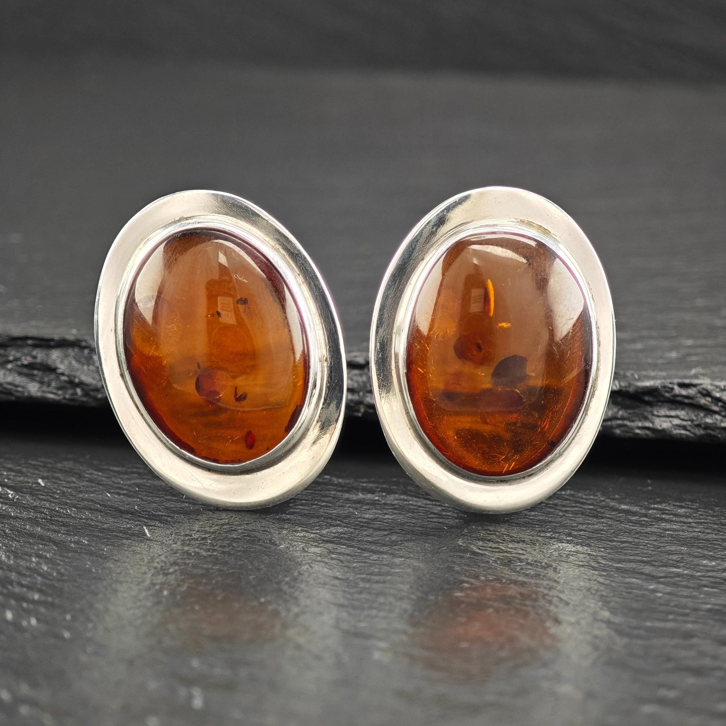 Large Modernist Amber Sterling Silver Clip On Earrings