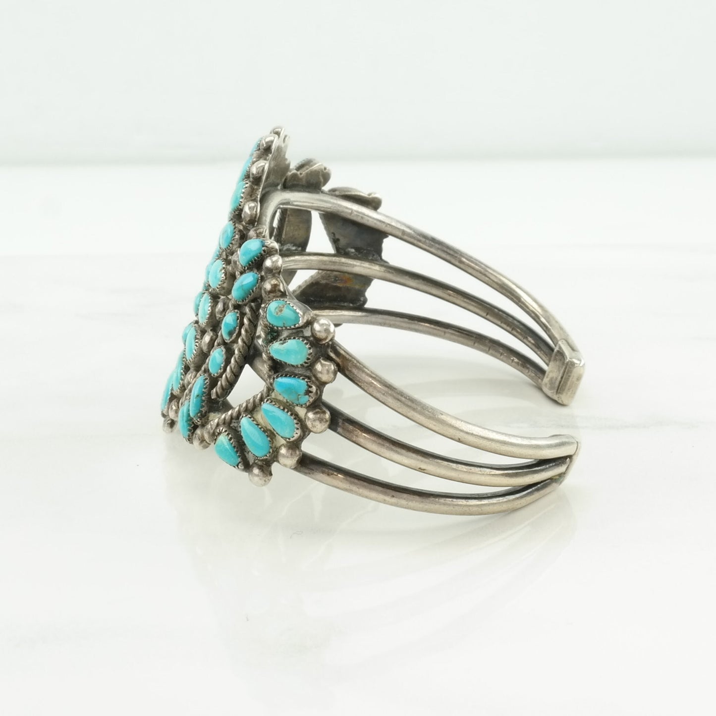 Vintage Native American Sterling Silver Cuff Bracelet Blue Turquoise, Petit Point Floral