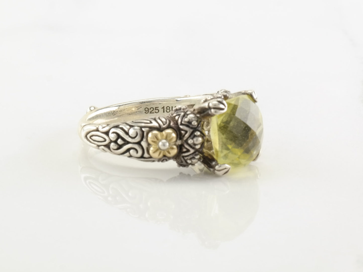Vintage Bixby Lemon Quartz Cushion Cut Sterling Silver Ring Floral Size 9