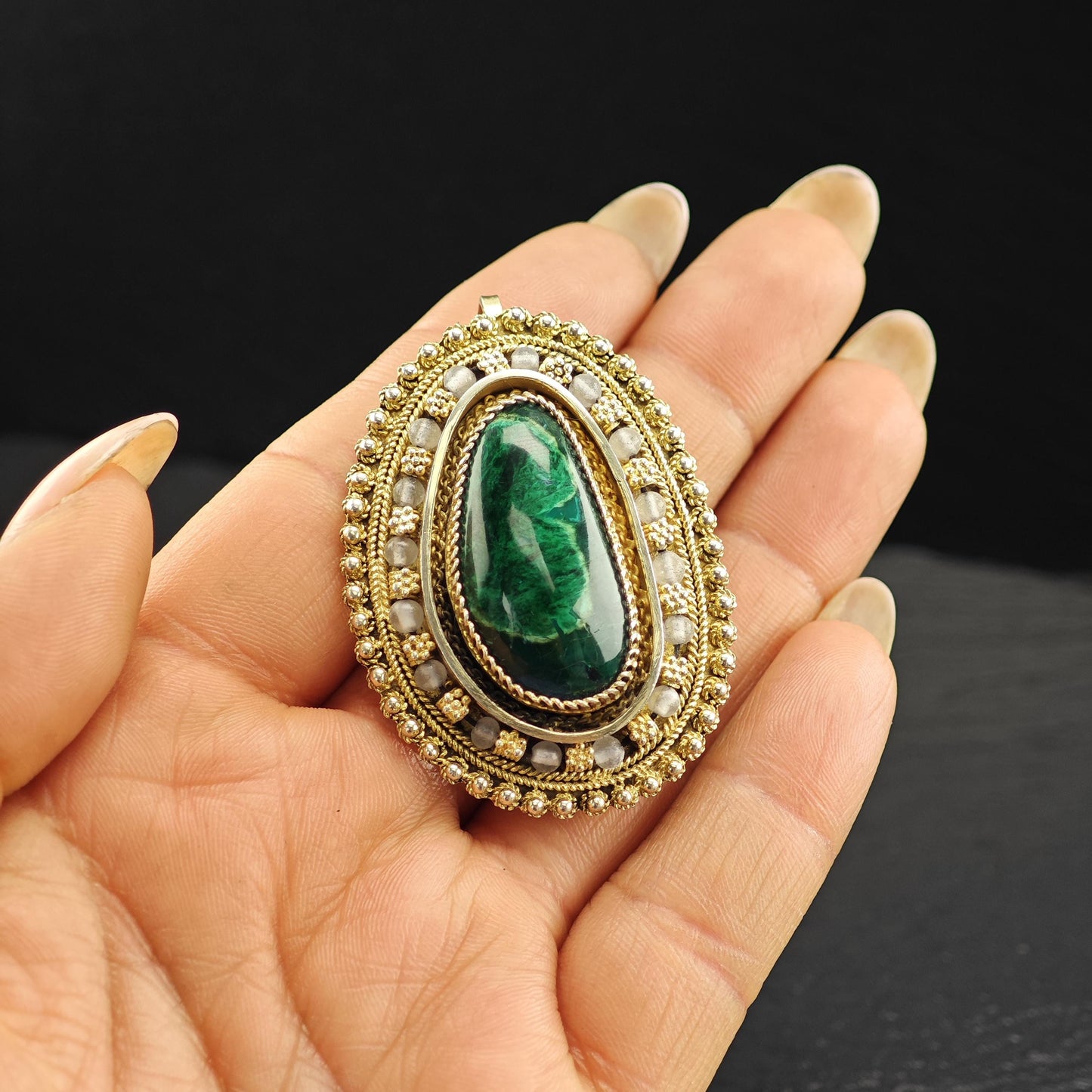 Eilat Stone Pendant/Brooch in Sterling Silver, Gold Gilded with Imitation Pearls
