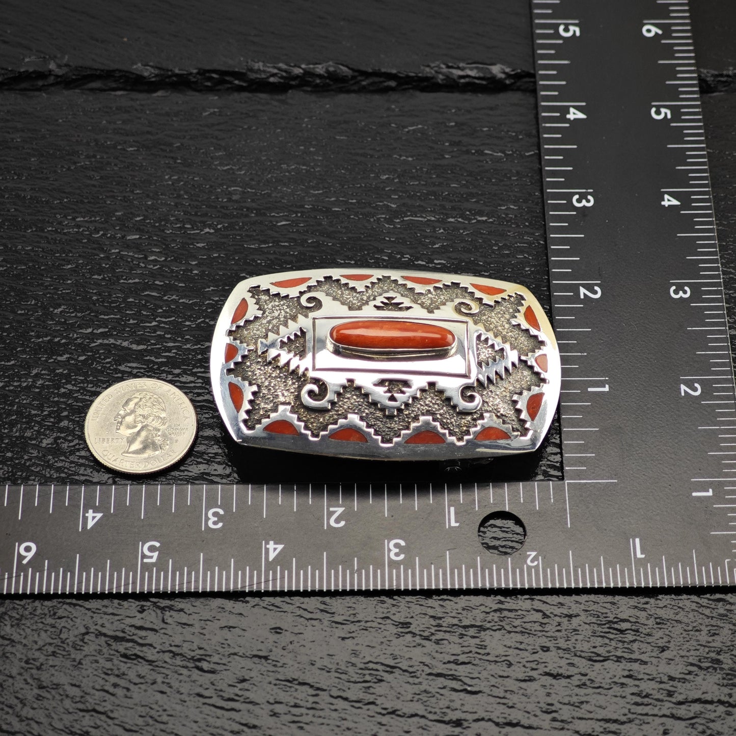 Red Coral Belt Buckle by Michael Perry Sterling Silver Native American Jewelry